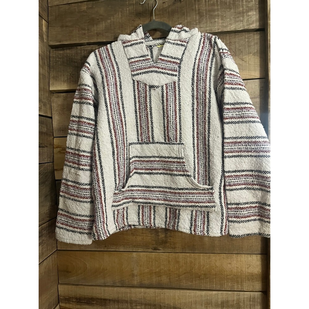 Vintage Mexican Baja Hoodie‎ Striped Boho Surf Poncho Pullover White Red Black